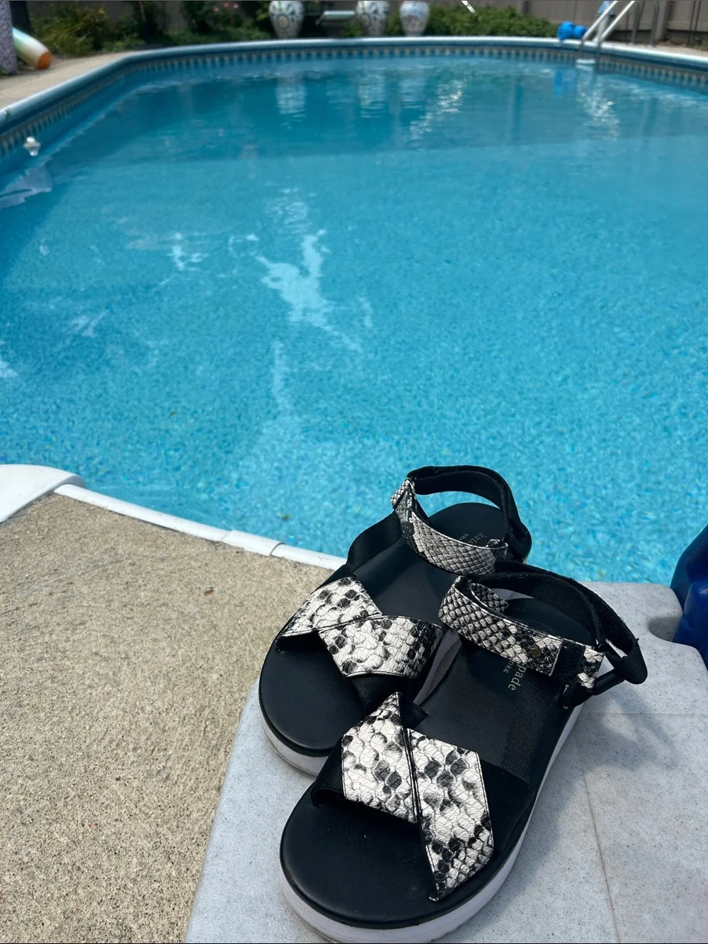 kate spade Black and White Snake-Print Strap Sandals